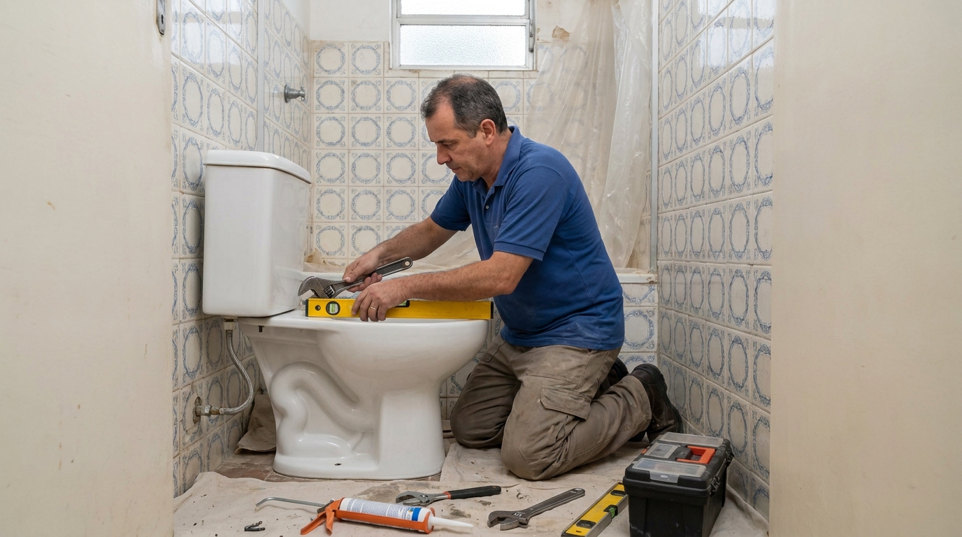Técnico instalando vaso sanitário em Mogi das Cruzes‑SP